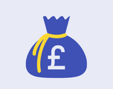 a blue bag with a yellow ribbon around the top and white pound sign on the front
