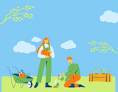 a blue sky with clouds, green grass, an orange wheelbarrow a woman in dungarees standing up with a plant in her hands, a man kneeling on the grass watering a plant