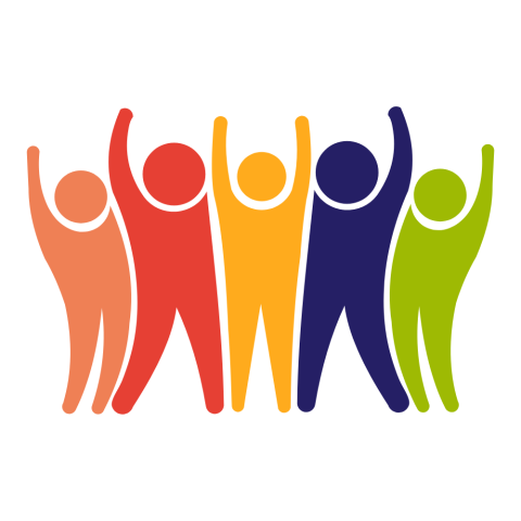 5 coloured figures with their arms up