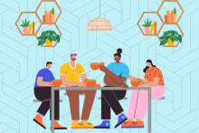 4 people sat at a table drinking coffee with a light hanging from the ceiling and 3 plants on the wall each side of the table