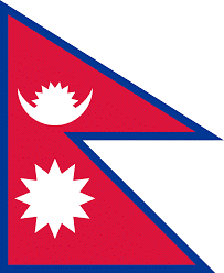 Nepal flag - red with white shapes in the middle surrounded by a blue border