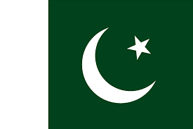 Pakistan flag - a white vertical stripe to the left with a green square to the right with the crescent moon emblem inside.