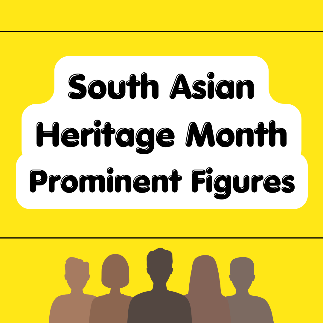 Yellow background with South Asian Heritage Month in the middle with a silhouette of a group of people in the bottom.