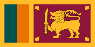 Sri Lanka flag - yellow outline with vertical blue and orange stripes to the left and a lion emblem in a red rectangle to the right