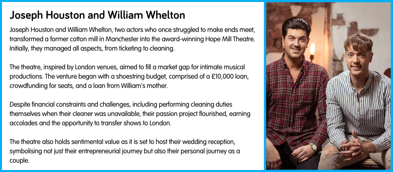 Joseph Houston and William Whelton, two actors who once struggled to make ends meet, transformed a former cotton mill in Manchester into the award-winning Hope Mill Theatre. Initially, they managed all aspects, from ticketing to cleaning.   The theatre, inspired by London venues, aimed to fill a market gap for intimate musical productions. The venture began with a shoestring budget, comprised of a £10,000 loan, crowdfunding for seats, and a loan from William's mother.   Despite financial constraints and challenges, including performing cleaning duties themselves when their cleaner was unavailable, their passion project flourished, earning accolades and the opportunity to transfer shows to London.   The theatre also holds sentimental value as it is set to host their wedding reception, symbolising not just their entrepreneurial journey but also their personal journey as a couple.