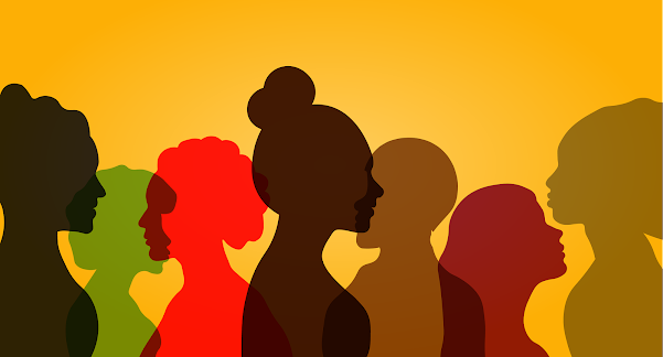 An orange background with outlines of women