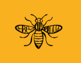 yellow background with a black outline of a bee