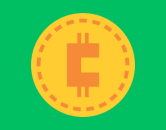 a green background with an round orange cryptocurrency sign