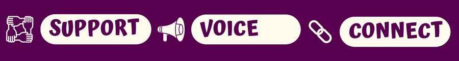 purple banner with interlocaked hands the word support, a megaphone the word voice, a link the word connect