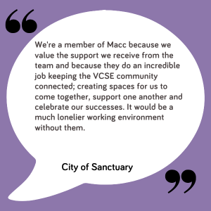 Purple background with a white speech bubble with a testimonial from City of Sanctuary