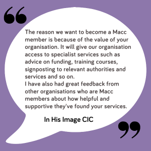 Purple background with a white speech bubble with a testimonial from In His Image CIC