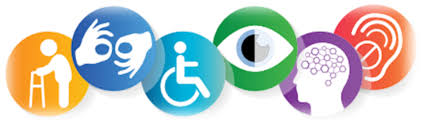 six circle icons icons that display different types of disabilities - orange circle has someone holding a walking frame, blue circle displays two hands, light blue circle shows someone in wheel chair, green circle shows an eye, purple circle shows neurodiversity and red circle shows deaf