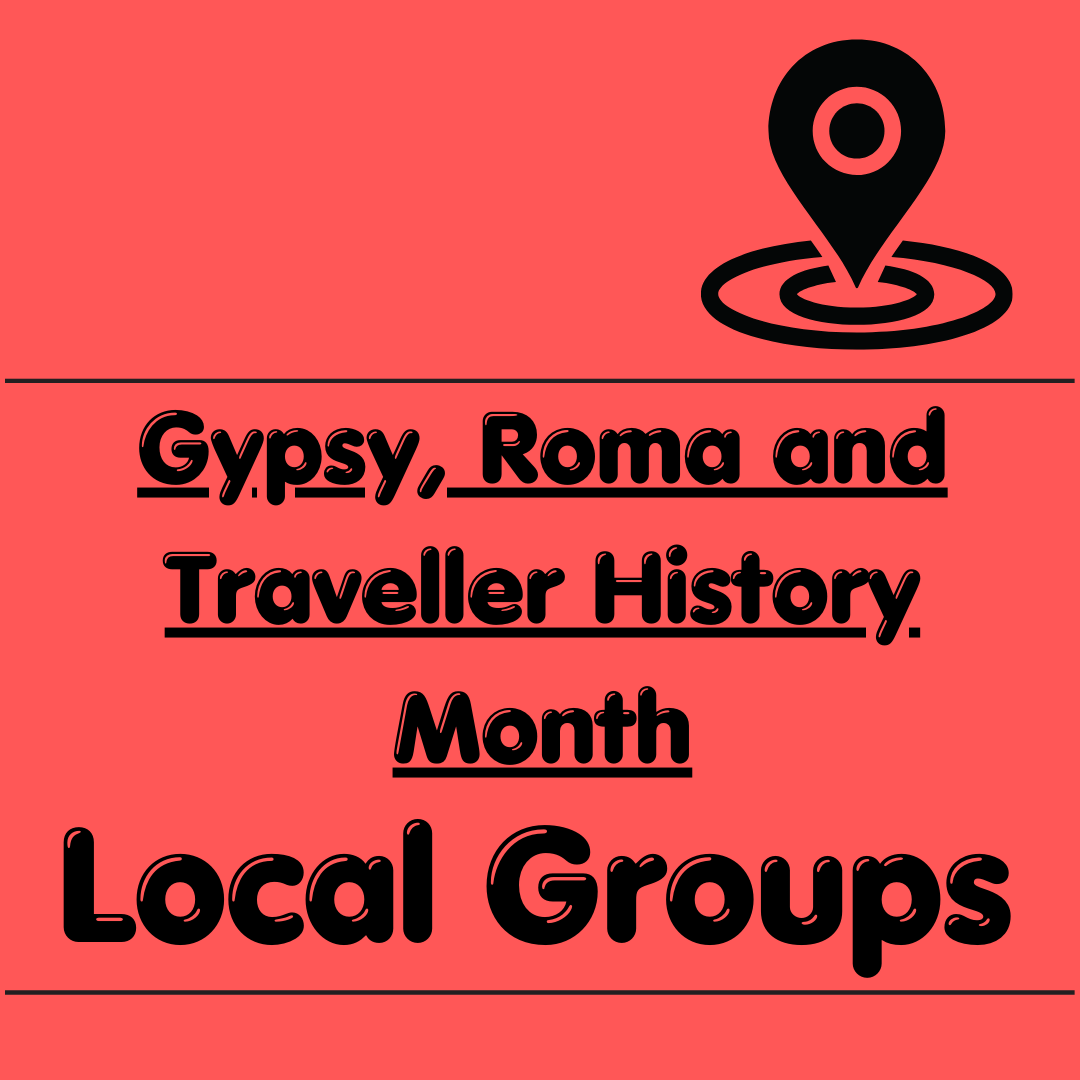 Red background with Gypsy, Roma and Traveller History Month Local groups in the middle. At the top the location icon is displayed.