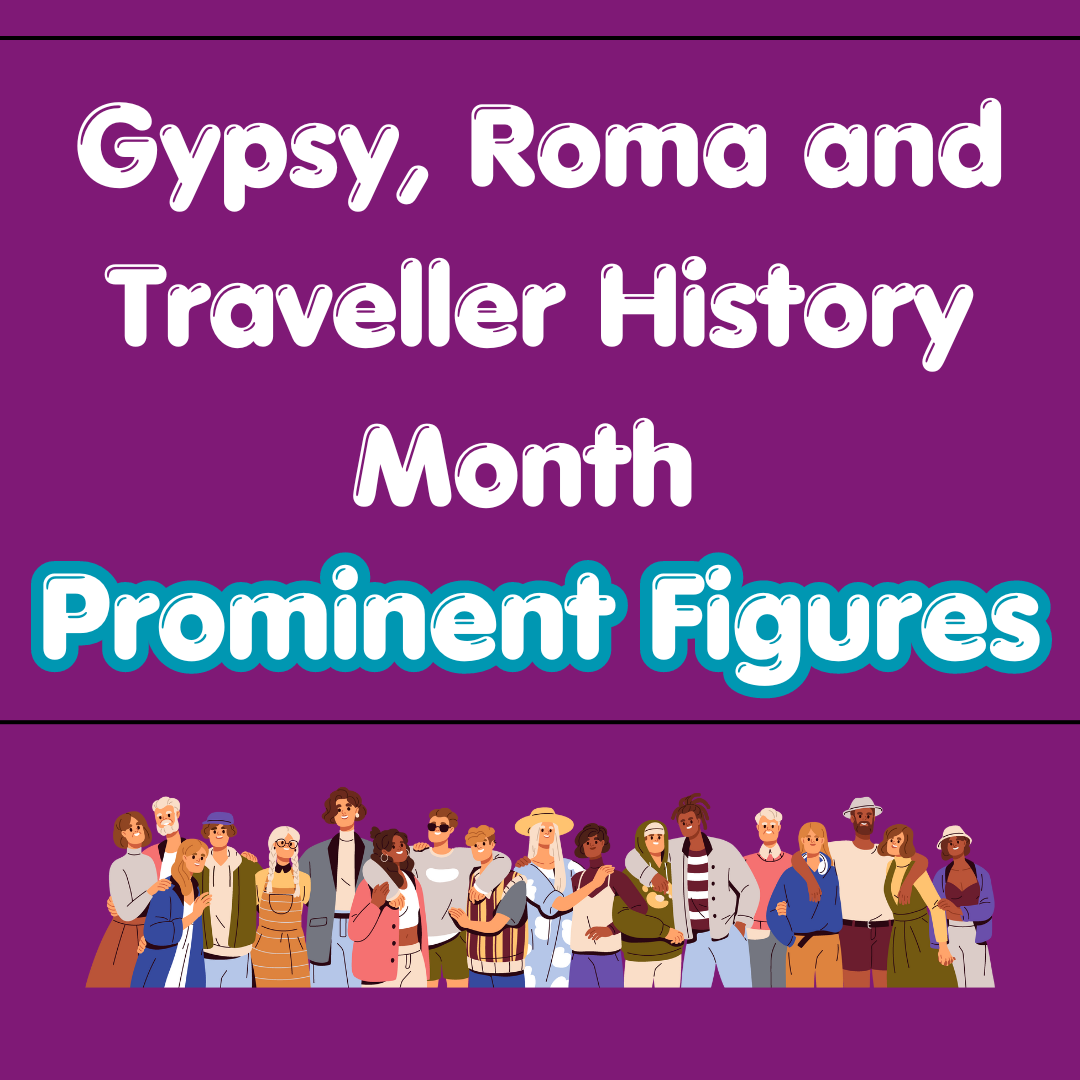 Purple backround with Gyspy, Roma and Traveller History Month prominent figures written in the middle with colourful cartoon people displayed at the bottom.