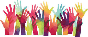 Multicoloured group of hands in pink, blue, purple, green and yellow are holding their hands up