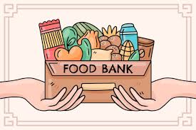 Cartoon drawing of two hands holding a box that says food bank on it with fresh food items inside.