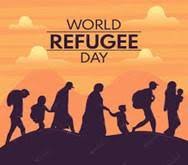 Seven silhouette figures are walking on the bottom of the screen and the title says world refugee day with an orange background