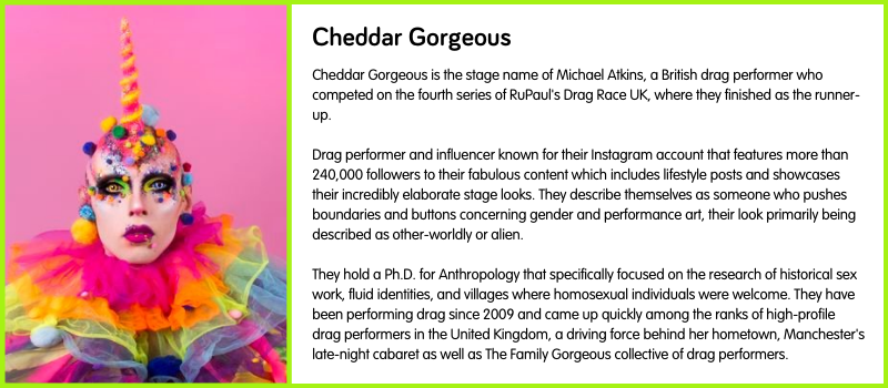 Cheddar Gorgeous is the stage name of Michael Atkins, a British drag performer who competed on the fourth series of RuPaul's Drag Race UK, where they finished as the runner-up.  Drag performer and influencer known for their Instagram account that features more than 240,000 followers to their fabulous content which includes lifestyle posts and showcases their incredibly elaborate stage looks. They describe themselves as someone who pushes boundaries and buttons concerning gender and performance art, their look primarily being described as other-worldly or alien.   They hold a Ph.D. for Anthropology that specifically focused on the research of historical sex work, fluid identities, and villages where homosexual individuals were welcome. They have been performing drag since 2009 and came up quickly among the ranks of high-profile drag performers in the United Kingdom, a driving force behind her hometown, Manchester's late-night cabaret as well as The Family Gorgeous collective of drag performers. 