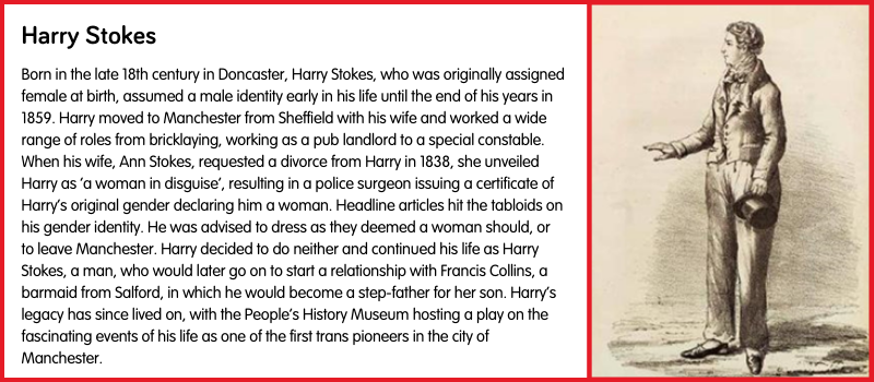 Born in the late 18th century in Doncaster, Harry Stokes, who was originally assigned female at birth, assumed a male identity early in his life until the end of his years in 1859. Harry moved to Manchester from Sheffield with his wife and worked a wide range of roles from bricklaying, working as a pub landlord to a special constable. When his wife, Ann Stokes, requested a divorce from Harry in 1838, she unveiled Harry as ‘a woman in disguise’, resulting in a police surgeon issuing a certificate of Harry’s original gender declaring him a woman. Headline articles hit the tabloids on his gender identity. He was advised to dress as they deemed a woman should, or to leave Manchester. Harry decided to do neither and continued his life as Harry Stokes, a man, who would later go on to start a relationship with Francis Collins, a barmaid from Salford, in which he would become a step-father for her son. Harry’s legacy has since lived on, with the People’s History Museum hosting a play on the fascinating events of his life as one of the first trans pioneers in the city of Manchester. 