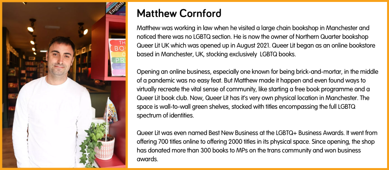 Matthew was working in law when he visited a large chain bookshop in Manchester and noticed there was no LGBTQ section. He is now the owner of Northern Quarter bookshop Queer Lit UK which was opened up in August 2021. Queer Lit began as an online bookstore based in Manchester, UK, stocking exclusively  LGBTQ books.   Opening an online business, especially one known for being brick-and-mortar, in the middle of a pandemic was no easy feat. But Matthew made it happen and even found ways to virtually recreate the vital sense of community, like starting a free book programme and a Queer Lit book club. Now, Queer Lit has it’s very own physical location in Manchester. The space is wall-to-wall green shelves, stocked with titles encompassing the full LGBTQ spectrum of identities.   Queer Lit was even named Best New Business at the LGBTQ+ Business Awards. It went from offering 700 titles online to offering 2000 titles in its physical space. Since opening, the shop has donated more than 300 books to MPs on the trans community and won business awards. 